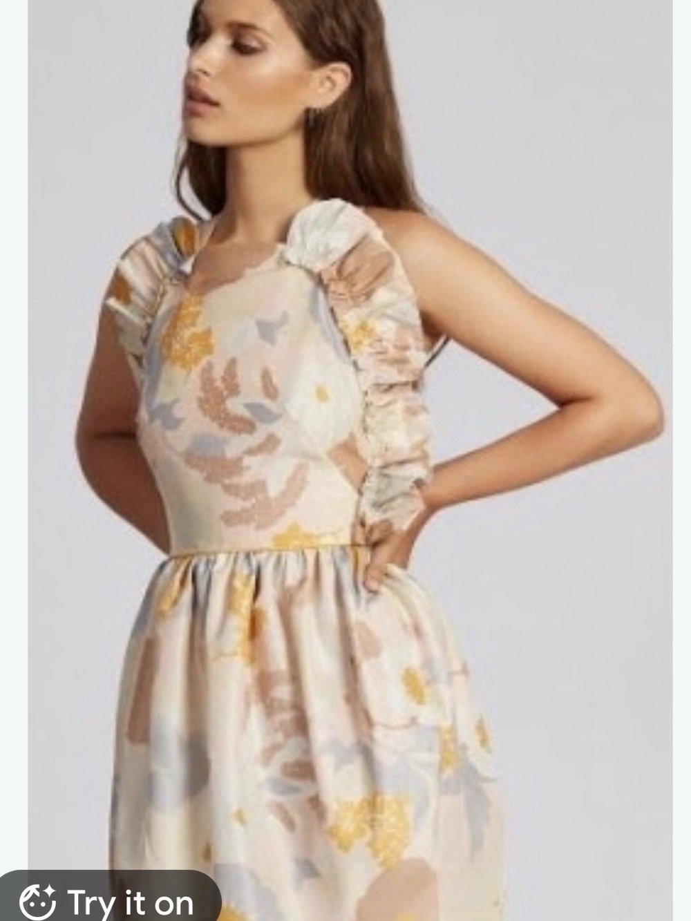 Alice McCall Pastel Floral Ruffle-Shoulder Mini Dress — Cream, Blush & Yellow